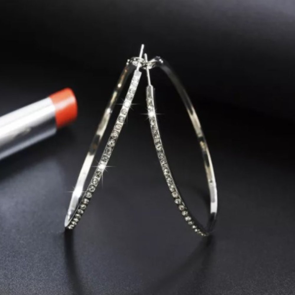 Rhinestone Inlaid Hoop Earrings-Silver Tone